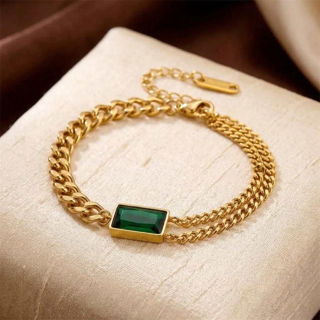 Χρυσό βραχιόλι αλυσίδα με σμαράγδι