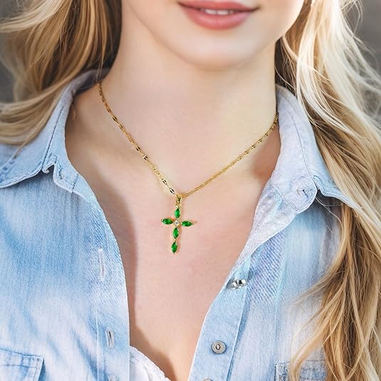 Bea™ - Σμαραγδένιο Σταυρός Κολιέ Χρυσό