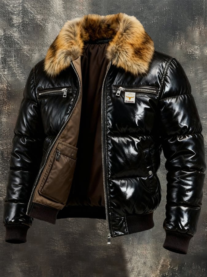 Ζεστό ανδρικό μπουφάν με γούνινο γιακά και επένδυση