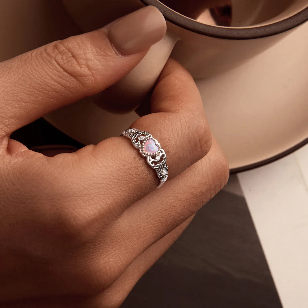 Δαχτυλίδι Φιλιγκρί Pink Opal σε Ασήμι