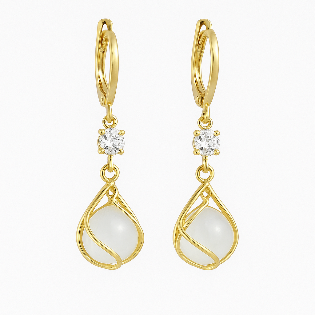 Κρεμαστά χρυσά σκουλαρίκια με λευκό οπάλ